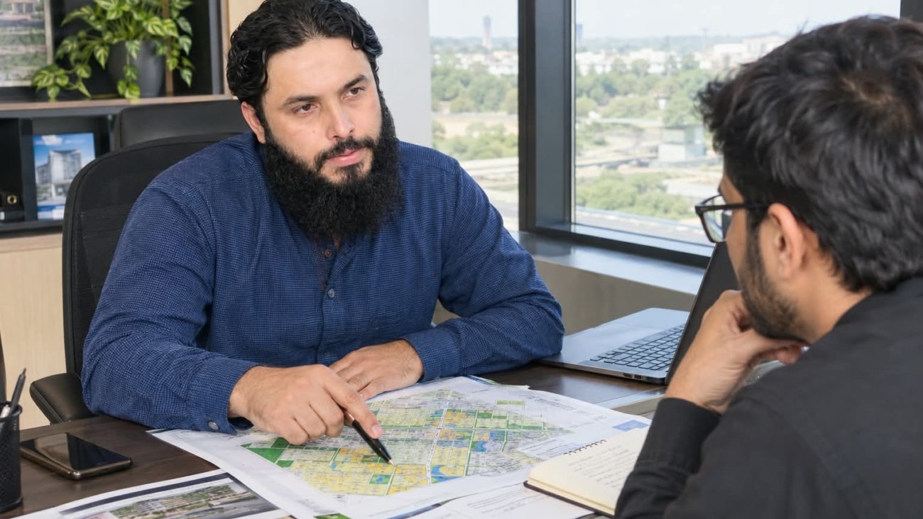 DHA Gujranwala property investment consultant discussing a plot with a client